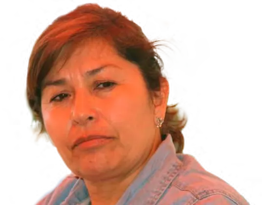 Portrait of Miriam Gómez, a teacher, wearing a denim shirt and looking straight ahead.