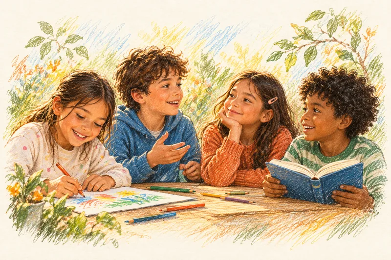 Ilustración de niños y niñas leyendo, dibujando y conversando