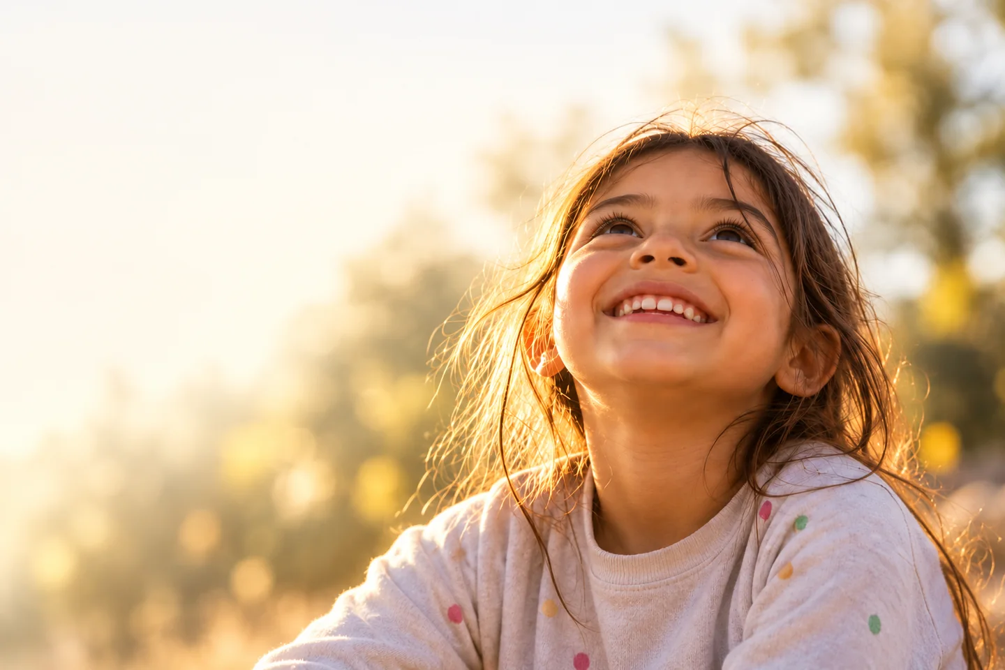 Niña que sonríe y mira hacia arriba, a contraluz