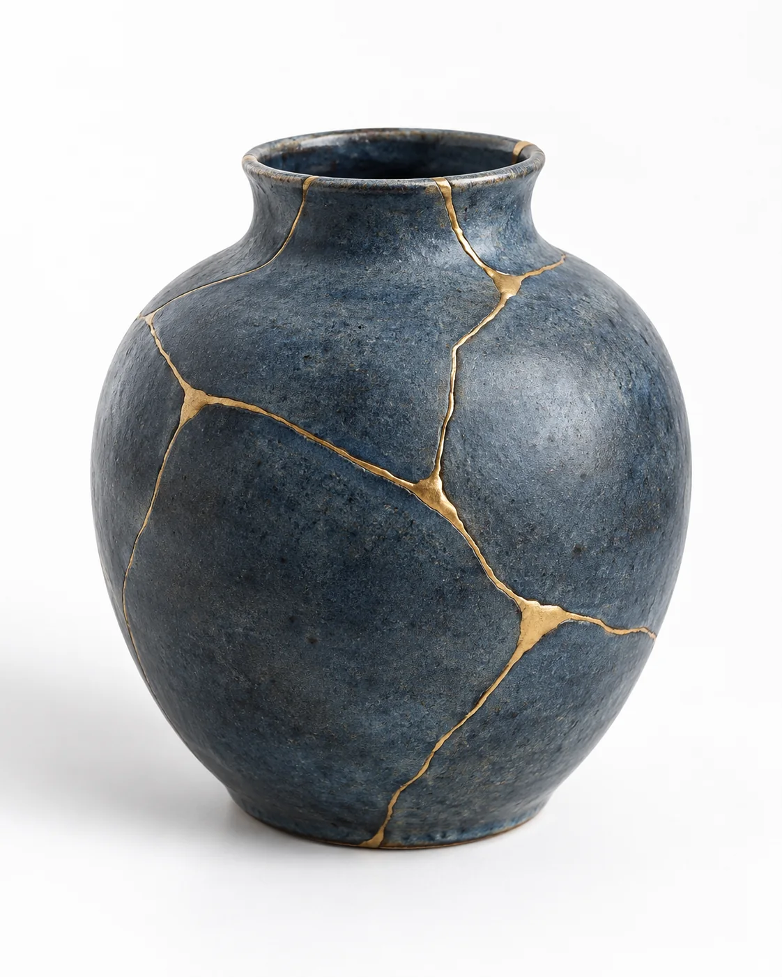 Vaso de cerâmica azul-acinzentada cujas peças estão unidas por finas linhas douradas.